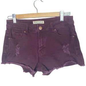 🔮 Encore Purple Distressed Mid Rise Frayed Hem Cut Off Shorts Sz XS / S
